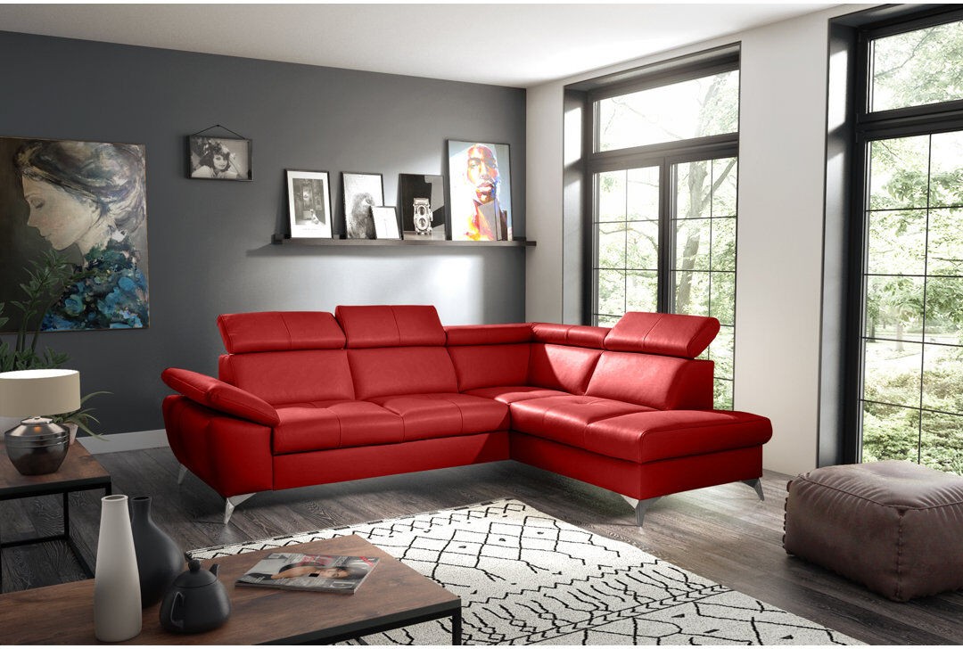 Ivy Bronx Niagara Genuine Leather Sleeper Corner Sofa with Storage, Adjustable Headrests & Adjustable Armrest Red 95cm H X 252cm W X 197cm D