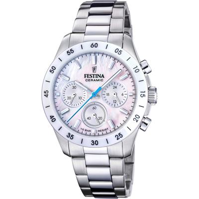 Chronograph FESTINA "Ceramic", silber (silberfarben, perlmuttfarben), Armbanduhren, Damen, Chronograph, Quarzuhr, Armbanduhr, Damen, Herren, Edelstahlarmband, Keramiklünette