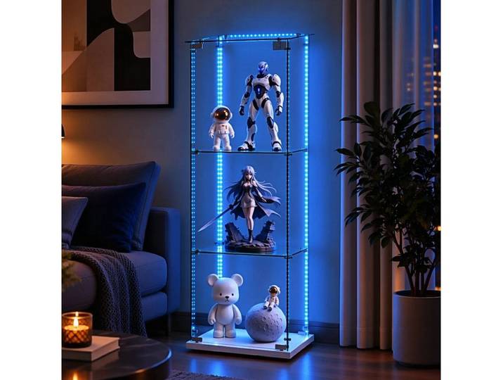 Simurq Glasvitrine Standvitrine mit Glastüren, Vitrine Glas mit LED, Vitrinenschrank (Eckglasanzeigeschrank, Sammlervitrine,Rahmenloses Design) Eckglasanzeigeschrank, Sammlervitrine, Rahmenloses Design