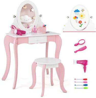 Costway Pretend Kids Vanity Set with 360° Rotatable Mirror and Play Accessories