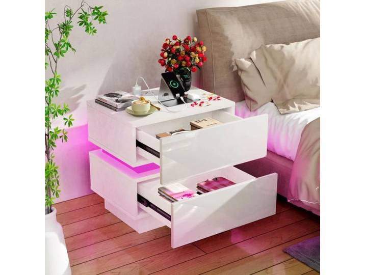 PIPIPOXER Table de Chevet Brillante Chevet Blanc avec Prises et LED Table de nuit avec 2 Tiroirs 45x35x46cm
