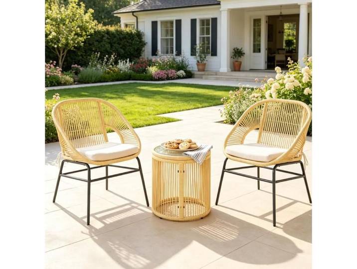 WOVREO Salon de jardin 2 personnes beige avec 2 fauteuils table ronde en verre trempé et coussins