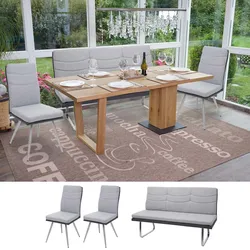 Einzelst�ck | Set 2x Esszimmerstuhl+Sitzbank HWC-G54, Bank Küchenstuhl Stuhl, Stoff/Kunstleder Edelstahl ~ grau Bank 180cm