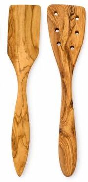 12-Inch Olive Wood Spatula Set of 2 – Solid & Pierced Wooden Utensils
