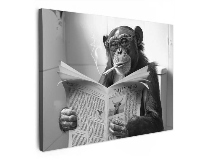 MuchoWow Leinwandbild - Affe - WC - Zeitung - Schwarz-Weiß - Humor - 70x50 - Deko Xxl, Hellgrau, Textil, Kiefer, Abstrakt, Rechteckig, 70x50 cm, gerahmt, Bilder & Rahmen, Bilder, Wandbilder