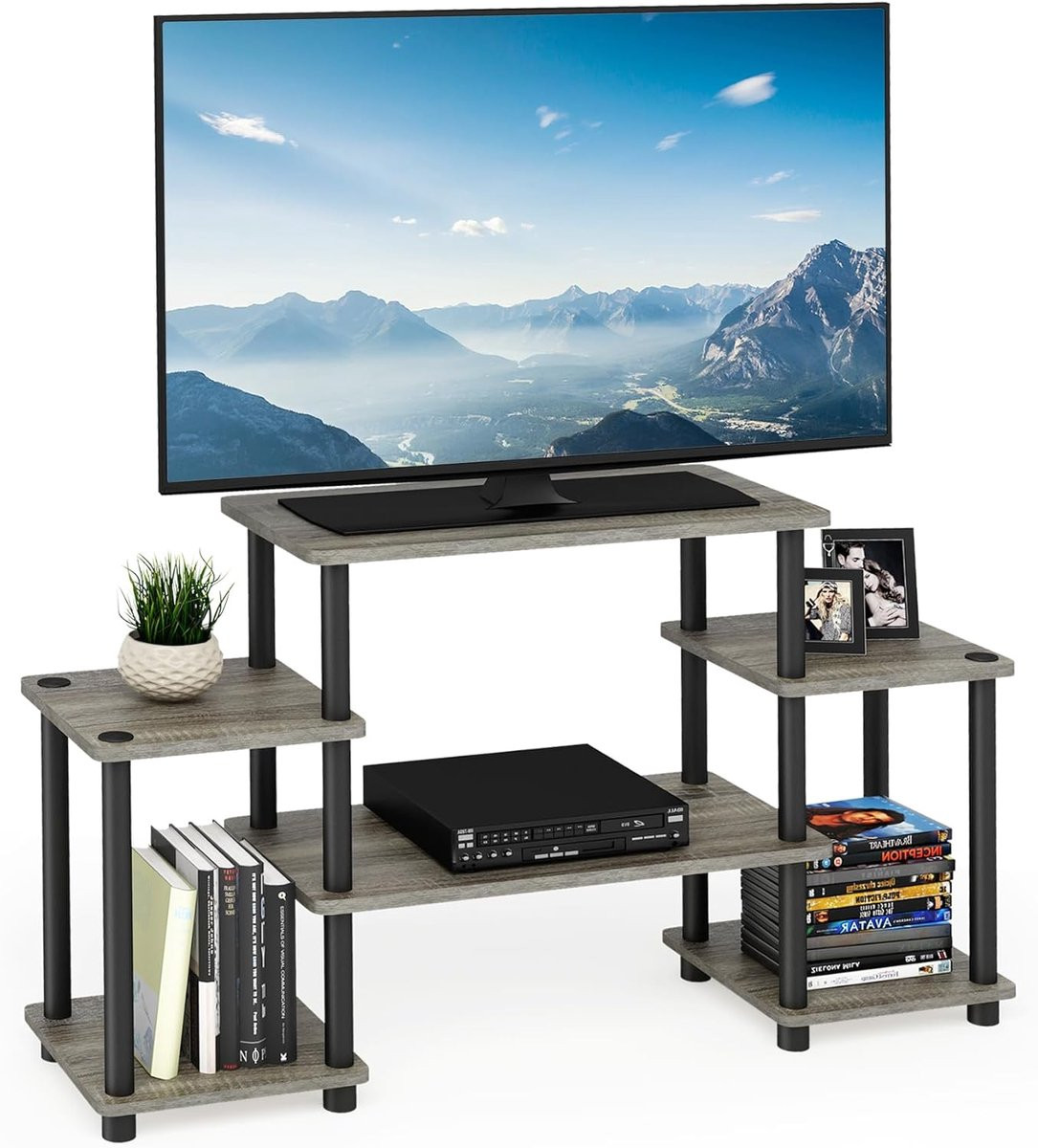 Modern TV-meubel Entertainment Center in French Oak/Zwart met 3 niveaus, Breedte: 105,4 cm