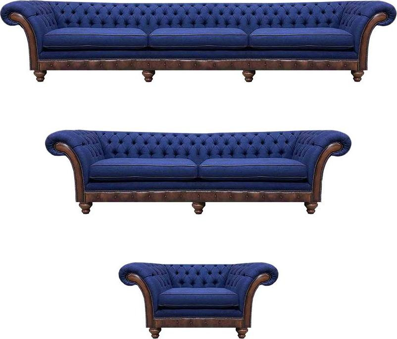 Designer Chesterfield Couchgarnituur - Blauwe 3-delige set met fauteuil
