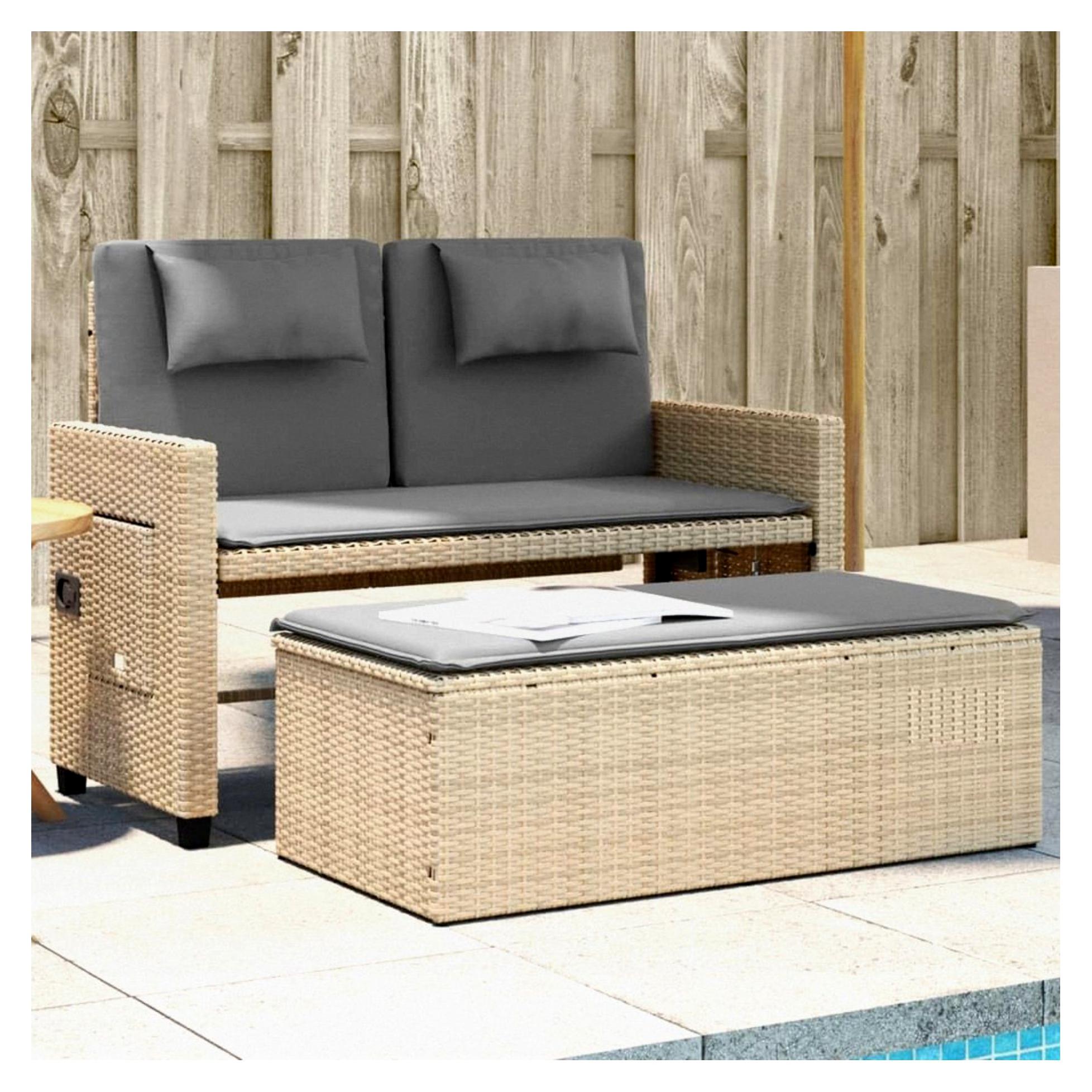 Gartensofa mit Bettfunktion, 2-Sitzer, Rattan, Balkonmöbel, Sitzgruppe, Gartenmöbel, Couch, Terrasse, Loungesofa mit Hocker, Beige