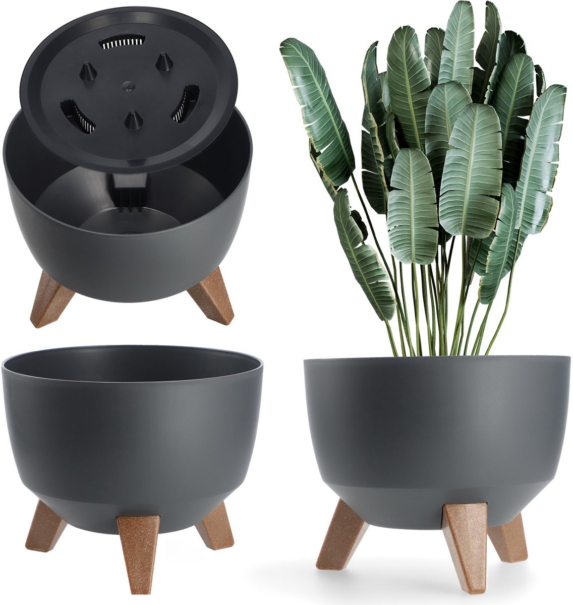 KADAX Ronde kunststof bloempot met drie insteeksteunen, Antraciet, Diameter: 24 cm