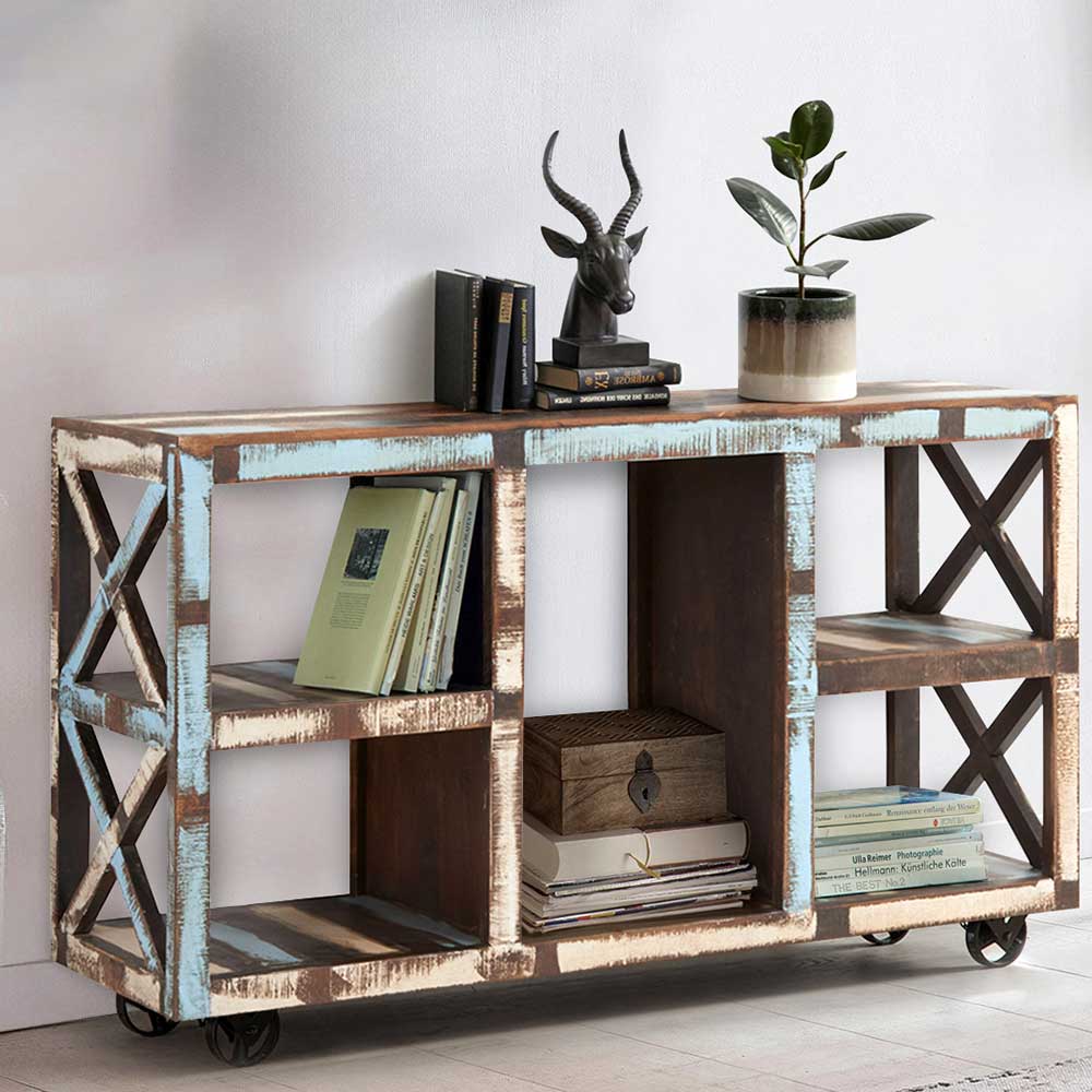 Pharao24.de Holzregal Regal im Shabby Chic Stil auf Rollen