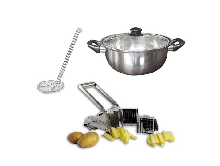 Lot friteuse traditionnelle, coupe-frites et araignée à friture