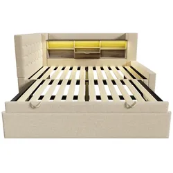 STILVORA Polsterbett aus Leinen beige 90x200 cm mit Ausziehbett und LED
