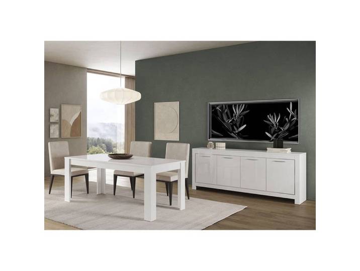DENAE - Ensemble Séjour Laqué Blanc Brillant Table 160cm + Buffet 4 Portes