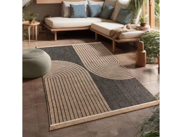 Paco Home Hochwertiger Outdoor Teppich Wetterfest & Pflegeleicht Jute-Sisal-Optik mit Fransen & Hoch-Tief-Effekt Langlebig für Terrasse, Balkon, Garten & Küche, Grösse:240x340 cm, Farbe:Anthrazit