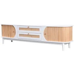 Merax TV-Schrank - Natürlicher Holz-Blend TV-Schrank mit Türen und Schubladen, Natürlicher Landhausstil, Weiß & Holzfarbe