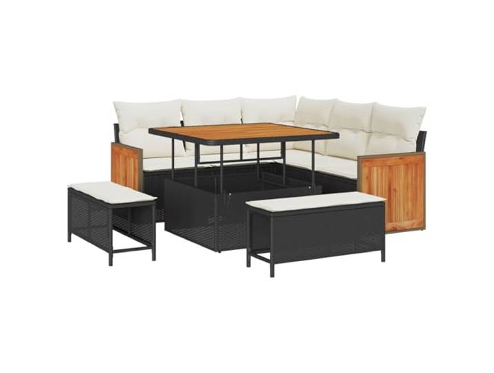 GHVBNMF Polyrattan Gartenmöbel Set 8-teilig, 8-Sitzer Sitzgruppe Schwarz Modulares Lounge-Möbel für die sonnige Terrasse, stabiler Stahlrahmen mit Akazienholz-Tischplatte für gesellige Runden.