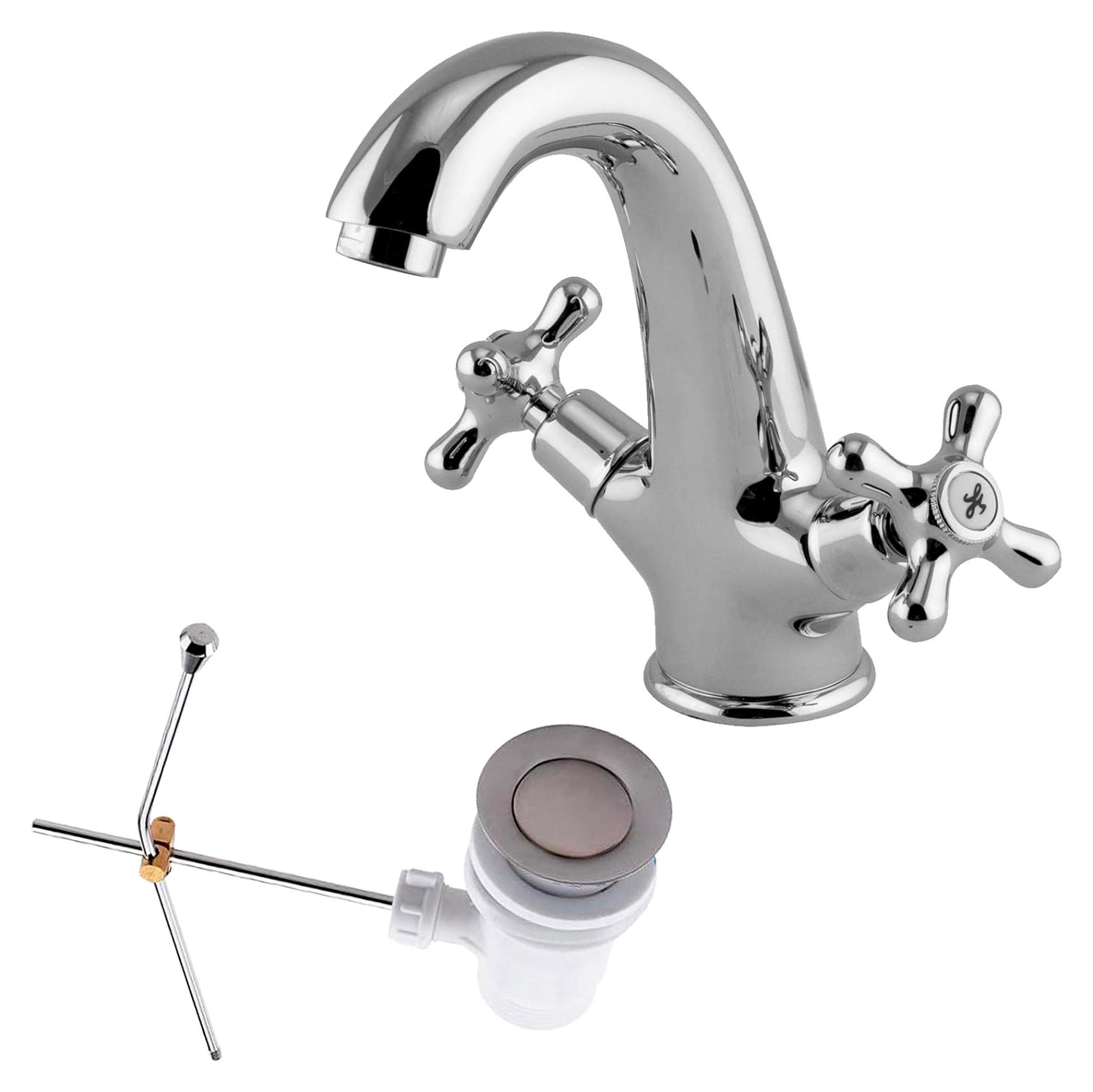 Waschtischarmatur Aufputz Wasserhahn Zweigriffmischer Retro Nostalgie Mischbatterie Excenter Zugstange Ablaufgarnitur massives Messing verchromt