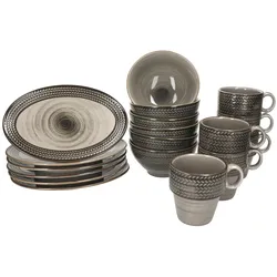 Mäser Prospero 18tlg Frühstücksset Porzellan braun Relief Platten Schalen Becher