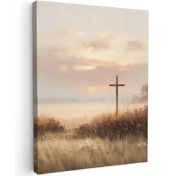 LEINWANDBILD Gras - Morgennebel - Kreuz - Christentum Room Decor 30x40 cm
