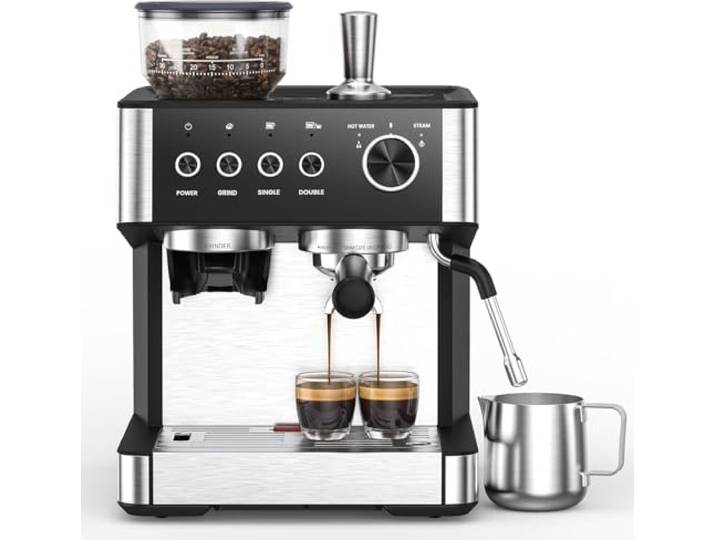 Espressomaschine Mit Mahlwerk & Milchaufschäumer, 15 Bar Italienische Pumpe, PID Temperaturkontrolle, 2,3L Wassertank, Edelstahl Siebträgermaschine Mit Zubehör Für Cappuccino, Latte Art, Heim & Büro