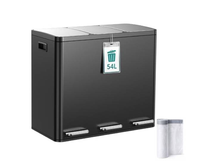 YEAUPE PRO Mülleimer Küche 54L (3 x 18L), Abfalleimer Küche 3 Fächer mit Pedal, Edelstahl Mülltrennsystem mit Soft-Close Deckeln, Herausnehmbaren Inneneimern, 15 Müllbeuteln,Schwarz