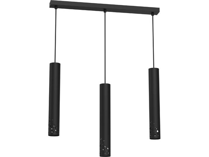 Schwarze, dreifache Pendelleuchte mit röhrenförmigen Leuchtkörpern, montiert an einer Schiene, Modell TIBIA BUBLE 5722, Marke Luminex