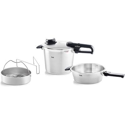 Schnellkochtopf FISSLER "Vitavit Premium Dampfkochtopf Set Edelstahl Made in Germany", silber (silberfarben), H:27cm L:39,5cm Ø:22cm, Töpfe, Schnellkochtopf, Verriegelungsanzeige, Einstellbares Abdampfen, Einstellbare Kochstufen
