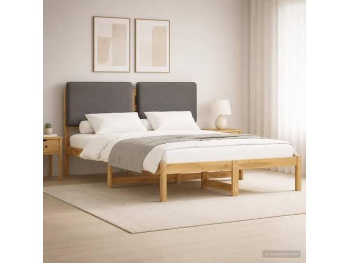 Bett mit Kopfteil aus Akazienholz, abnehmbarer Bezug, hellgrau Akazie Massivholz, Leinenimitat 100% Polyester, gepolstertes Kopfteil, waschbarer Bezug, moderner Stil