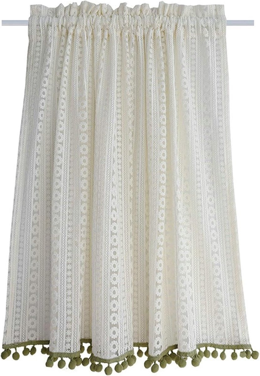 Vitrage Gordijn met Pompons voor Keuken Decoratie - Beige Groen - 50 x 116 cm