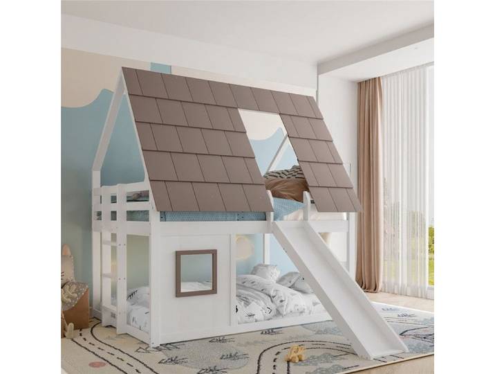 Lit Cabane Enfants 140x200 avec Toboggan et Barrière Lit Superposé Cabane avec Fenêtre Espace de Rangement Sous Le Lit Pin Blanc