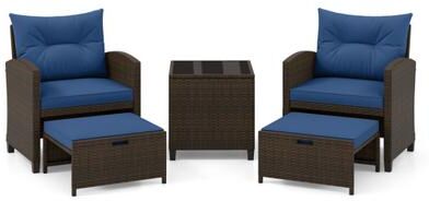 Costway 5 Pieces Patio Rattan Furniture with 2 Ottomans and Tempered Glass Coffee Table-Navy