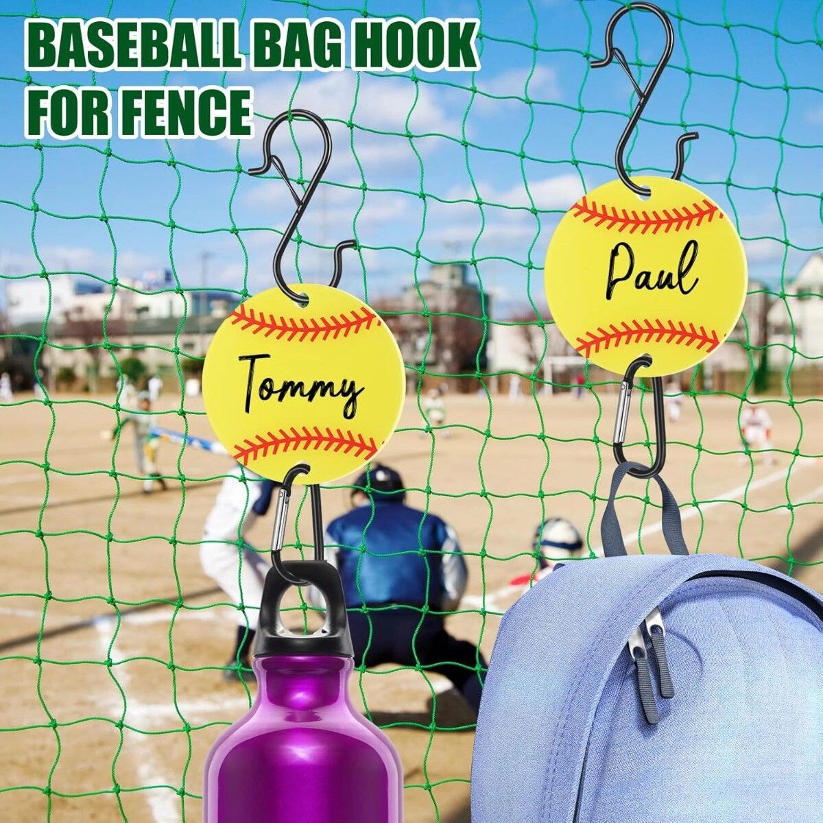 INF Sport-Zaun-Clip Schlüsselanhänger Set 6er – Acryl-Baseball Blanko mit Aluminium-Zaunklemme für Rucksack und Tasche Gelb