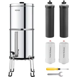 VEVOR Schwerkraft Wasserfiltersystem Edelstahl Arbeitsplattensystem 7+7,5L Wasserfiltrationssystem, reduziert Blei und bis zu 99 % Chlor, mit 2 Aktivkohlefiltern & 2 Entfluorierungsfiltern & Zapfhahn