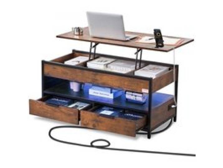 VEVOR Couchtisch mit anhebbarer Platte, 39,4 Zoll großer rechteckiger Couchtisch mit zusätzlichen Aufbewahrungstaschen, aufklappbarer Couchtisch mit Steckdosenleiste & USB & Ambientebeleuchtung für das Wohnzimmer, braun
