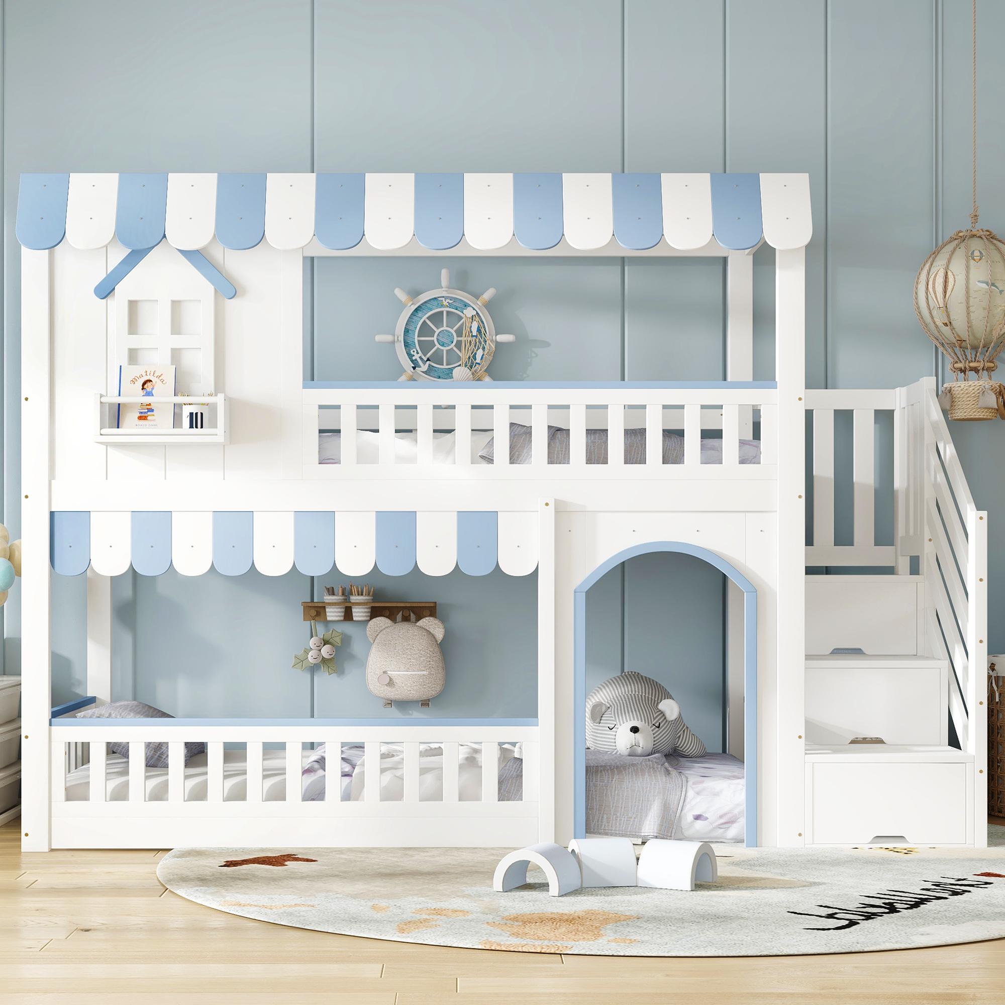 Abrihome Etagenbett Kinderbett 90x200cm mit Treppen-Schrank & Fensterdesign, Massivholzbett Hochbett mit Rausfallschutz & Lattenrost