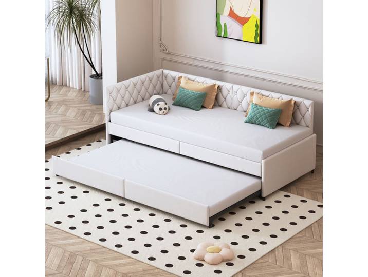 Lit gigogne 90x200 cm - LUMINARIX - Canapé-lit extensible - Velours beige - 2 places - Design moderne