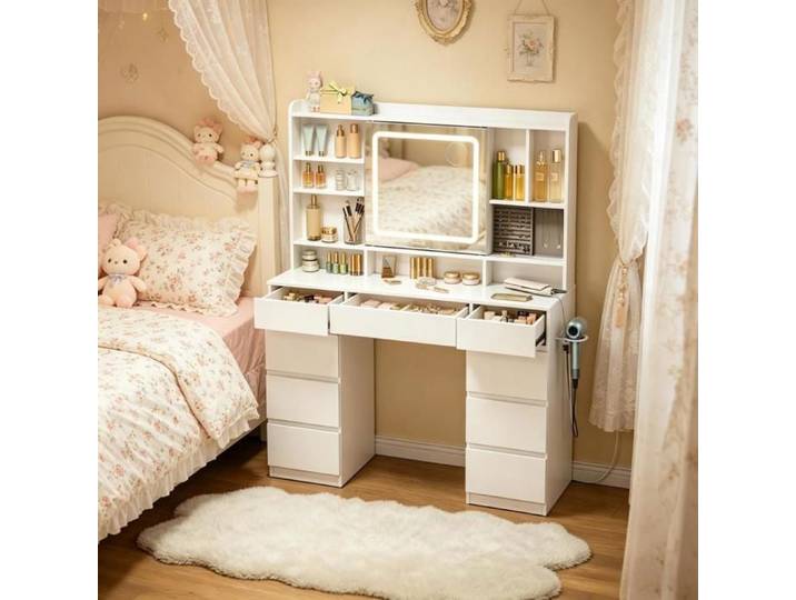 Pour maquillage précis coiffeuse à miroir coulissant avec LED prises intégrées et miroir grossissant 5x