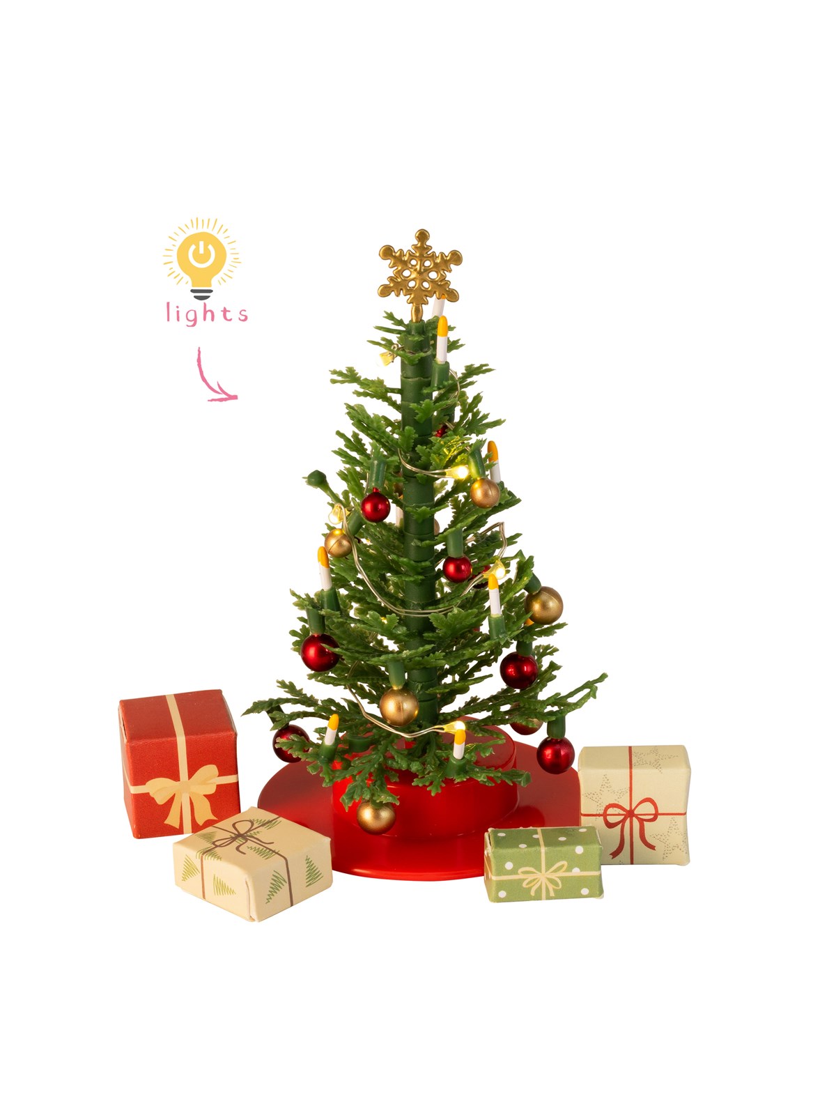 Micki Lundby Weihnachtsbaum mit Geschenken, Schmuck und Lichterkette (benötigt 1x CR2032 Batterie, nicht enthalten, 15-Minuten-Autoabschaltung, ab 3 Jahren)