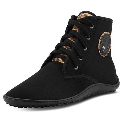 Barfußschuh LEGUANO "CHESTER", Damen, Gr. 38, schwarz, leo, Lederimitat, Nylon, Schuhe Barfußschuh, Schnürboots, Sneaker mit Leomuster an der Schuhzunge