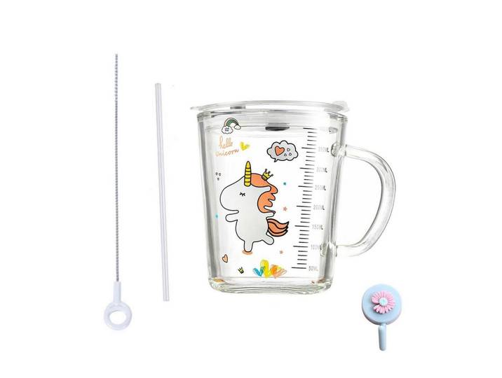 Messbecher mit Deckel und Strohhalm 400ml Einhorn Motiv, Mehrfarbig, Glas, Backen & Backzubehör, Messbecher