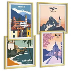 BILDER SET 4er Set - 50x50 cm & 40x60 cm Goldrahmen - Illustrationen zur Retro-Architektur der Berge