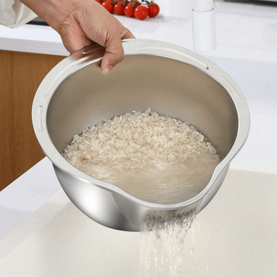 USA Free Shipping Shop Stainless Steel Rice Washing Bowl With Drain Holes 2 In 1 Vegetable Strainer Kitchen Colander Stainless Steel Rice Washing Bowl With Drain Holes 2 In 1 Vegetable Strainer Kitchen Colander