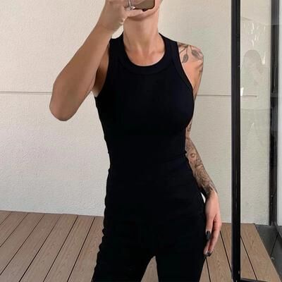 Inspire Select Womens Solid Knit Tank Top Soft Stretch Sleeveless Round Neck Summer Basic black 12