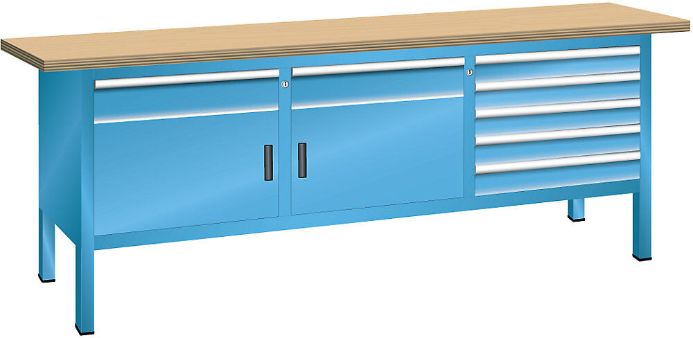 Werkbank mit Buchemassivplatte, Gestellbauweise, Breite 2000 mm, 7 Schubladen, 2 Türen, Korpus lichtblau, Front lichtblau LISTA