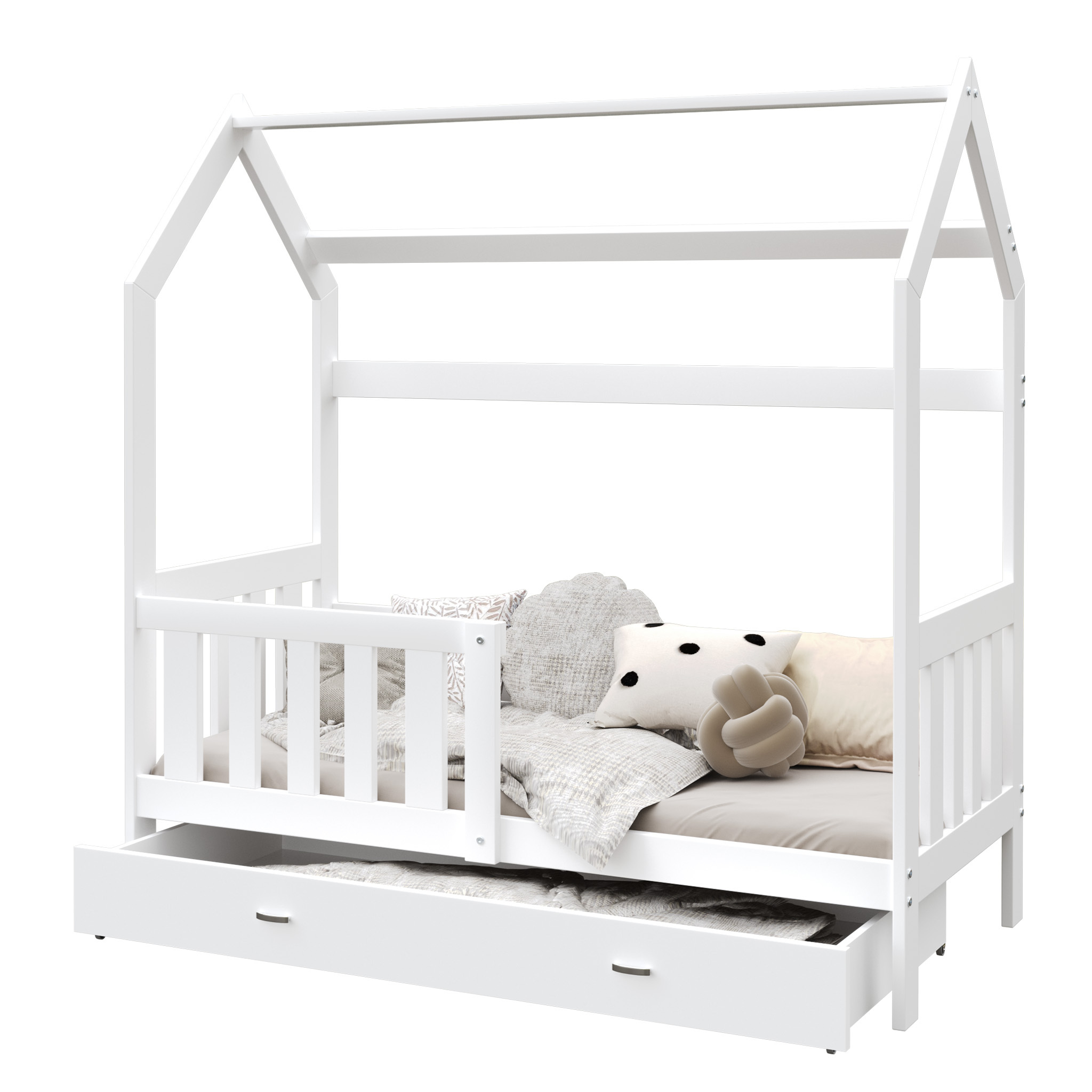 Bett PLUTO Häuschenbett 80x190 cm Kinderbett mit Schublade Lattenrost Rausfallschutz weiß