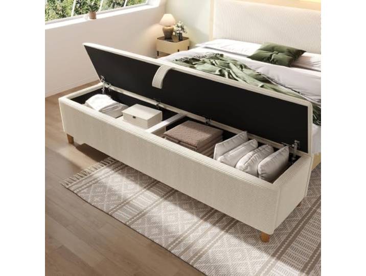 Polsterbank mit Hydraulischem Stauraum Cordstoff Sitzbank 145x38x46 cm Bettbank Aufbewahrungsbox für Flur Wohnzimmer, Sitzgelegenheit Beige mit Massivholzbeinen