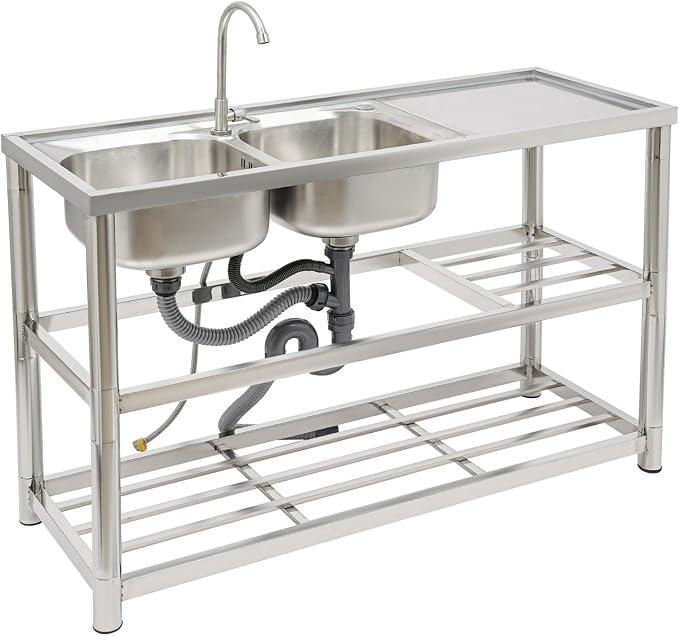 201 Edelstahl Spültisch Doppelspüle Küchenspüle mit Unterschrank 100kg Tragkraft Freistehende Spüle 120×45×80cm Outdoor Spüle mit Komplettes Abflussrohre, Siebe, Wasserzuleitungen