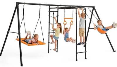 Klokick 5 in 1 Metal Swing Set for Kids, Outdoor Playset Includes Monkey Bars, Climbing Net, Trapeze Bar, Belt and Platform Swing