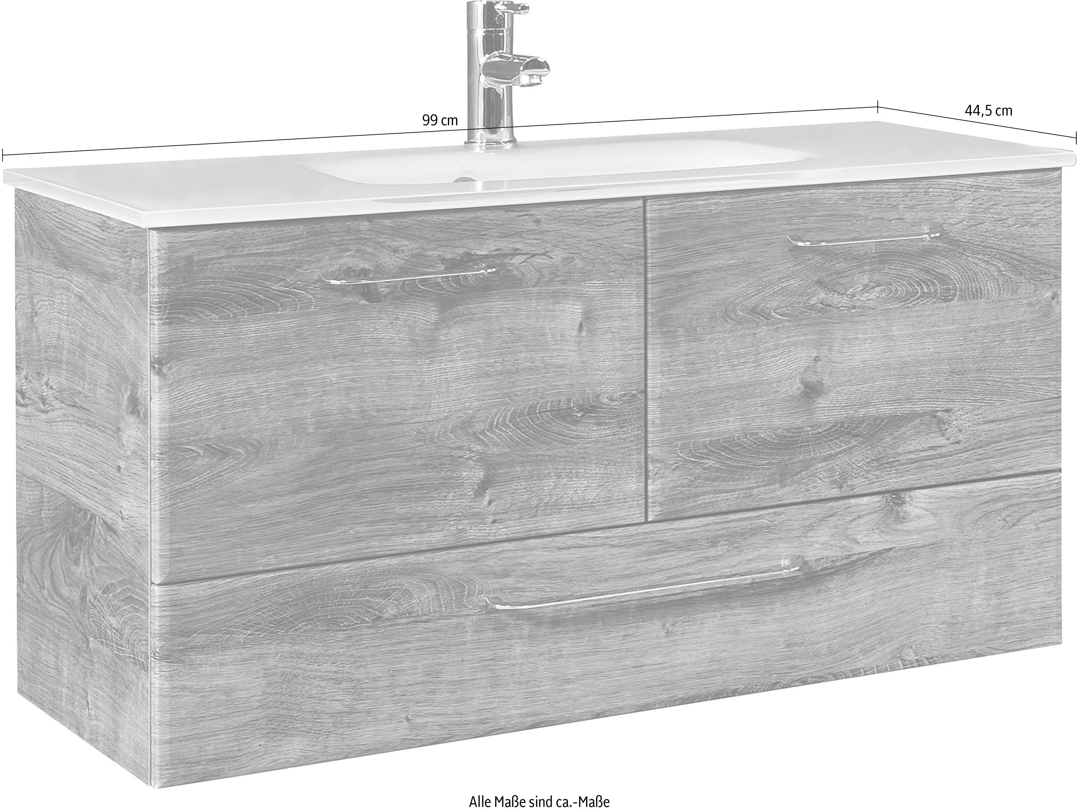 Waschtisch SAPHIR "Quickset Glaswaschtisch mit Unterschrank, 99 cm breit, Waschplatz", braun (eiche ribbeck, eiche ribbeck, eiche ribbeck), B:99cm H:52,5cm T:44,5cm, Glas, Holzwerkstoff, Waschtische, Waschtisch, Griffe in Chrom Glanz, inkl. Türdämpfer, 2 