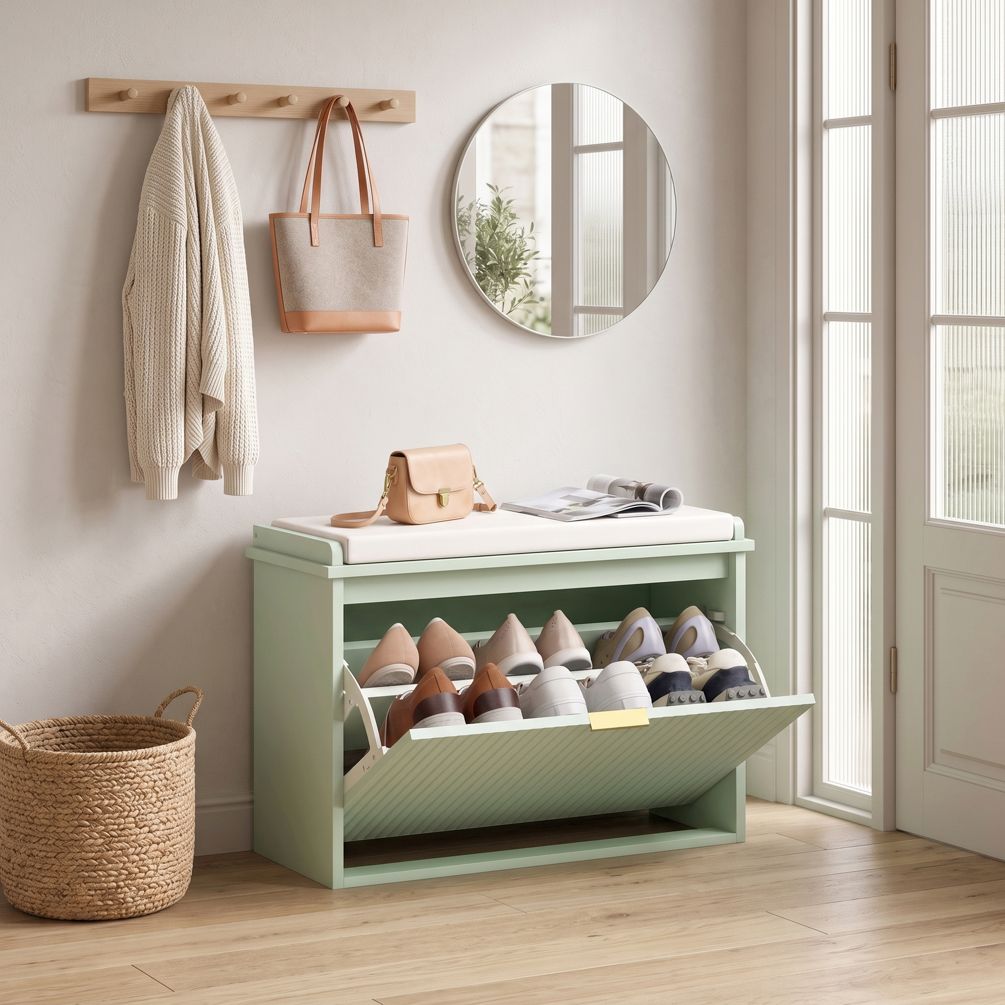 Homcom Panca portascarpe con cuscino e cassetto ribaltabile 62x26x47,5 cm, Verde   Aosom Italy
